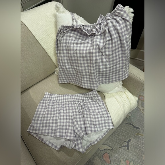 LAKE Pajamas Pima Ruffle Shorts Set in Lilac Gingham - XS - Picture 4 of 6